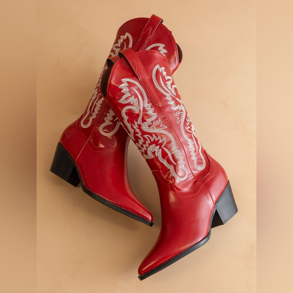 Contrast Embroidered Leather Western Boots - Oasis Society - Picture 5 of 5